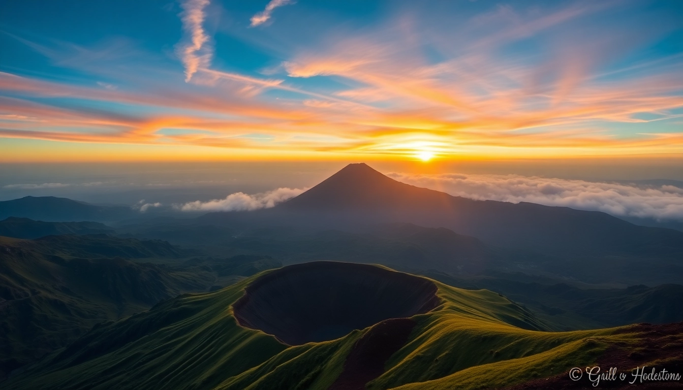 Mount Rinjani standing tall at sunrise, showcasing its volcanic crater and surrounding lush landscape, perfect for adventure seekers.