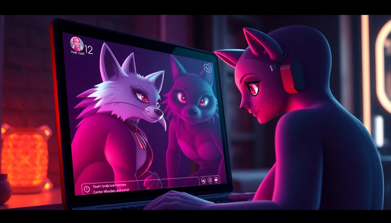 A vivid digital scene of an adult AI chat with expressive characters in a high-tech setting.