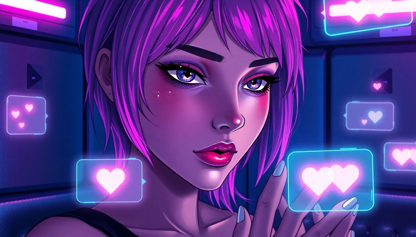 Futuristic digital scene of an AI-driven female character interacting with holographic visuals in a sleek, neon-lit environment.
