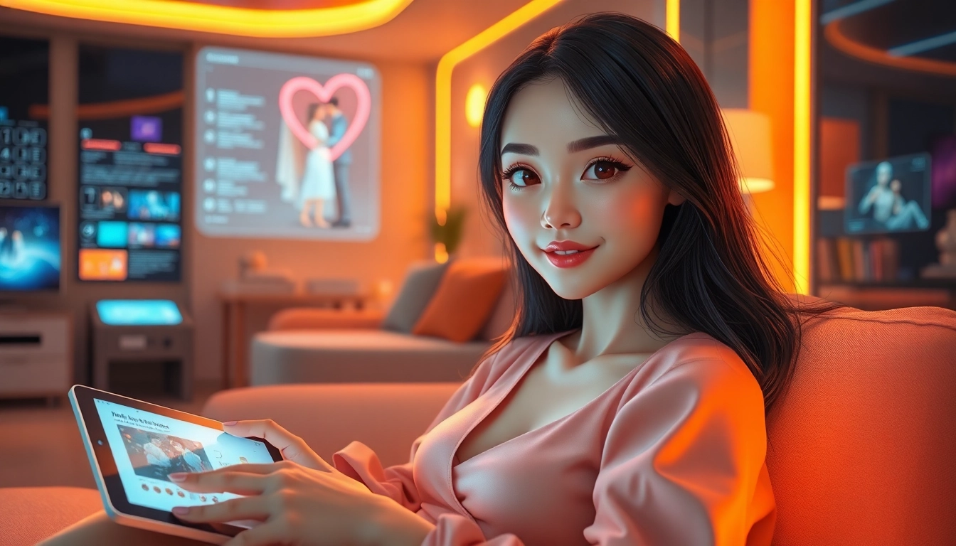 A realistic AI girlfriend in a cozy tech-enabled room with holographic visuals and soft lighting.