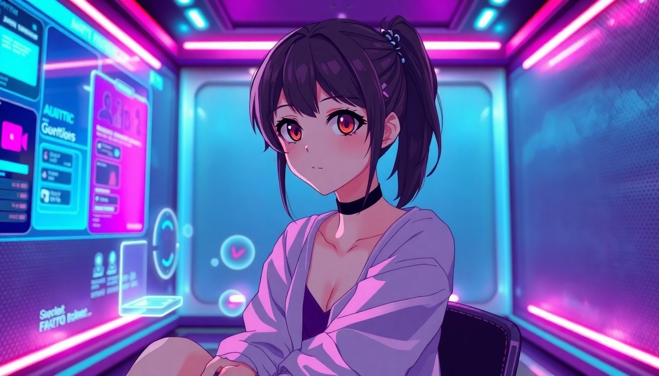 Hyper-realistic anime-style character in a futuristic digital environment with vibrant neon lights and holographic controls.