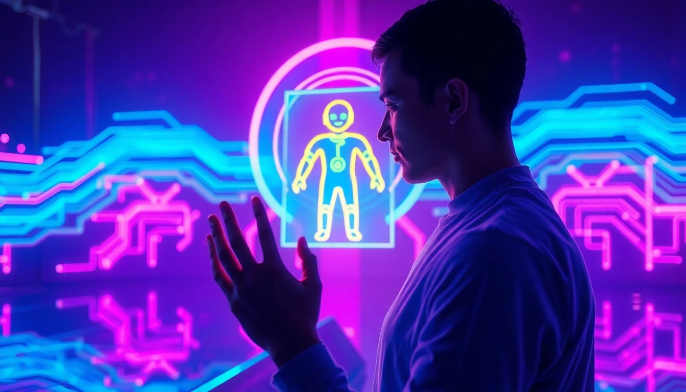 Futuristic scene of a user engaging with a holographic AI character in a neon-lit digital environment.