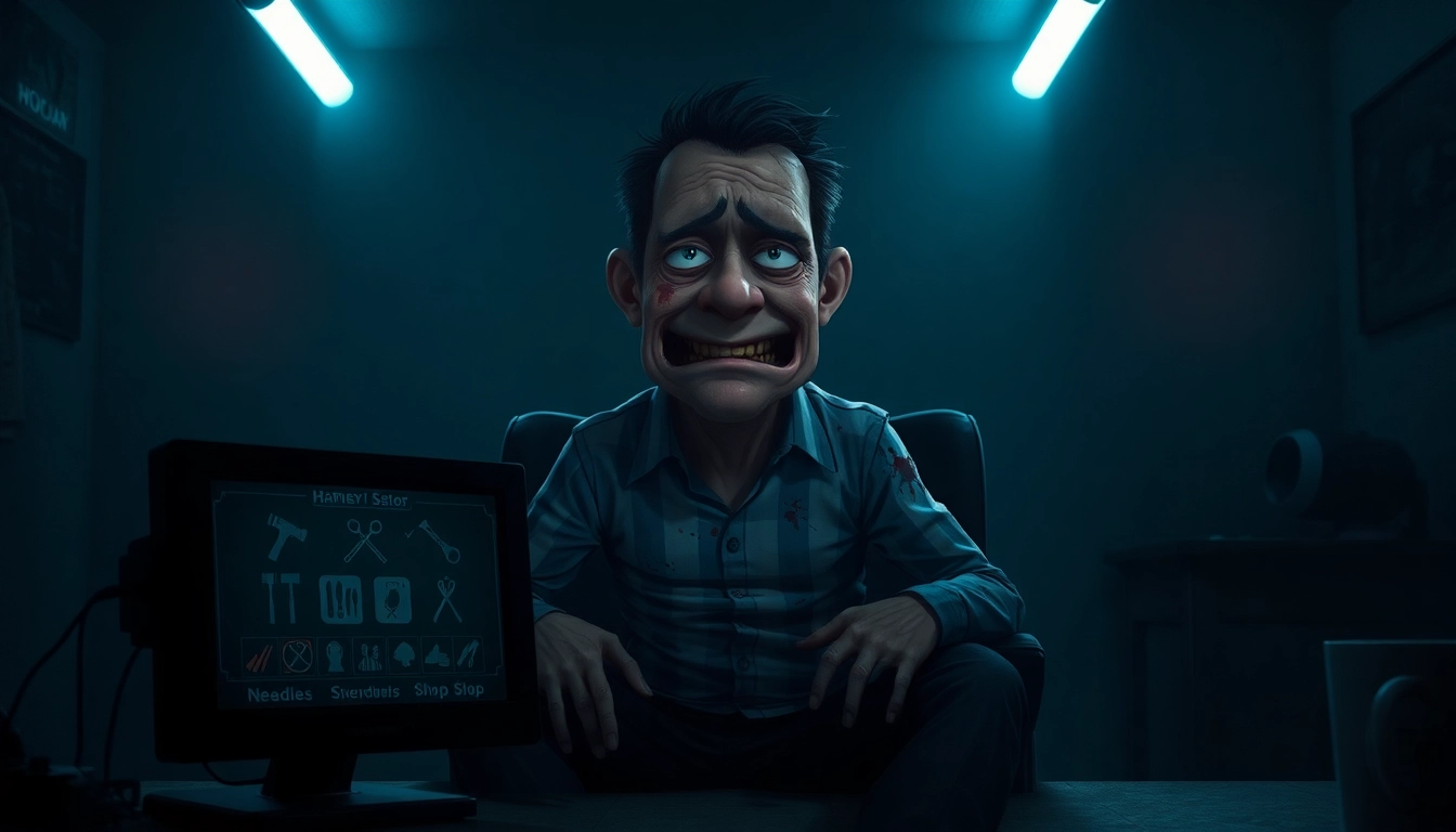 A disturbing scene of Harvey suffering in a dark room, with a computer screen showing violent tools and a tense, eerie atmosphere.