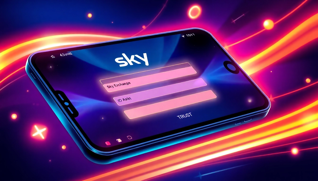 Create your Sky Exchange ID on a user-friendly mobile app featuring live betting and casino games; secure registration process highlighted.