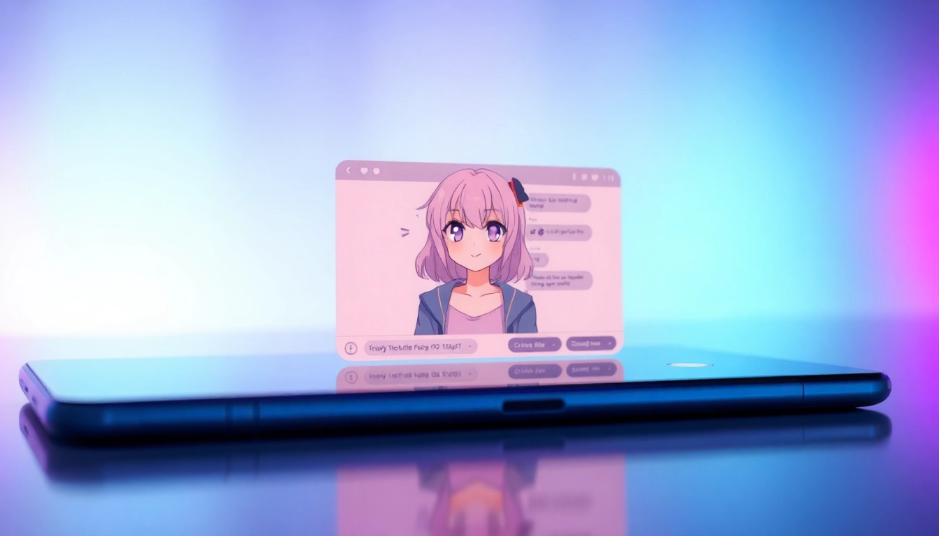 Digital illustration of a chat interface with an anime-inspired femboy character on a modern device screen, glowing with neon lights.