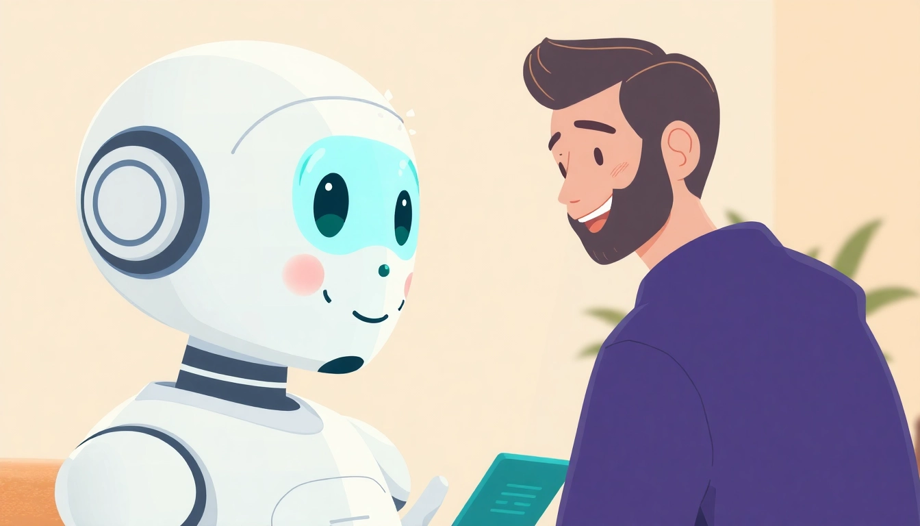 Engaging AI girlfriend chat scene featuring a friendly virtual companion in a cozy digital environment, emphasizing conversation and connection.