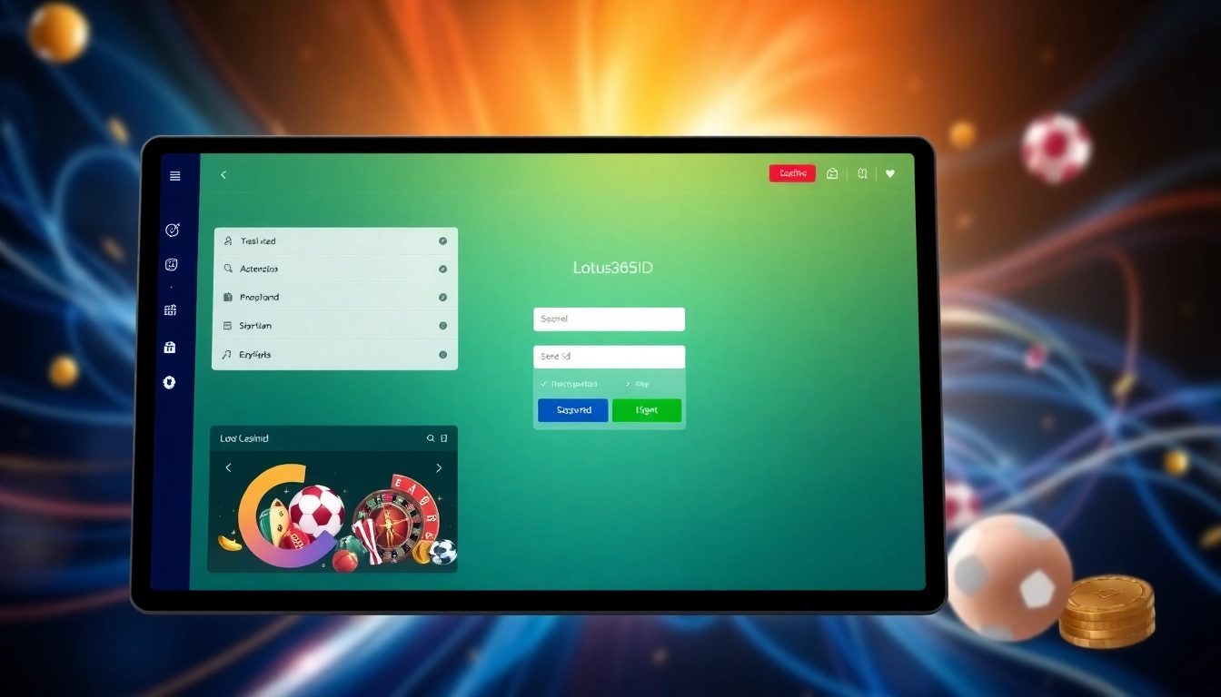 Secure Lotus365 ID login portal with vibrant sports and casino symbols, emphasizing trust and quick access for Indian users.
