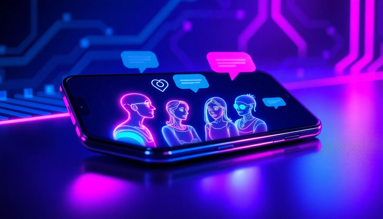 Futuristic digital chat interface with holographic AI characters on a mobile device screen, illuminated by neon lights.