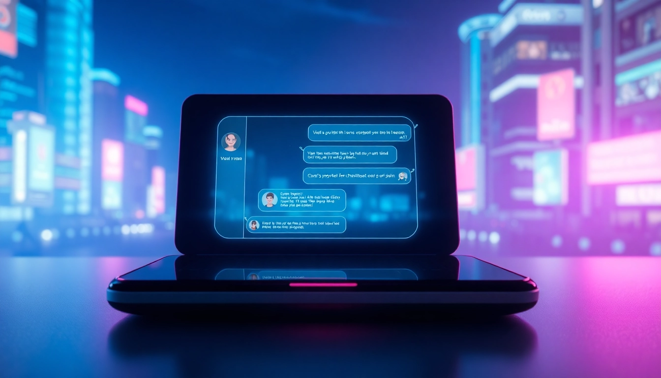 Futuristic chat interface with holographic AI conversation over a neon-lit cityscape at night.