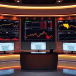 Financial News Updates UK Recent stock market graphs on a professional news desk showing UK and