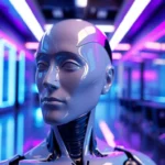 未來科技感十足的3D AI公仔模型，展現高精度空間感與逼真材質，背景帶有藍紫色光影，營造未來感氛圍。