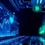 Aicoin logo displayed on a dynamic trading dashboard with real-time market data analysis and